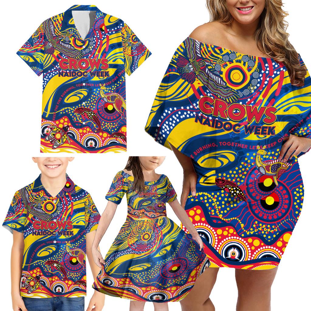 Custom NAIDOC Week 2024 Crows Family Matching Off Shoulder Short Dress and Hawaiian Shirt Aboriginal Animals Keep The Fire Burning