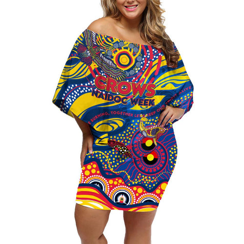 Custom NAIDOC Week 2024 Crows Family Matching Off Shoulder Short Dress and Hawaiian Shirt Aboriginal Animals Keep The Fire Burning