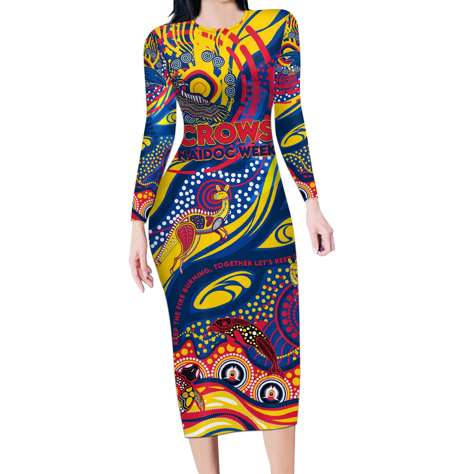 Custom NAIDOC Week 2024 Crows Long Sleeve Bodycon Dress Aboriginal Animals Keep The Fire Burning