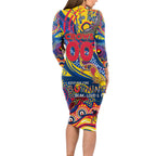 Custom NAIDOC Week 2024 Crows Long Sleeve Bodycon Dress Aboriginal Animals Keep The Fire Burning