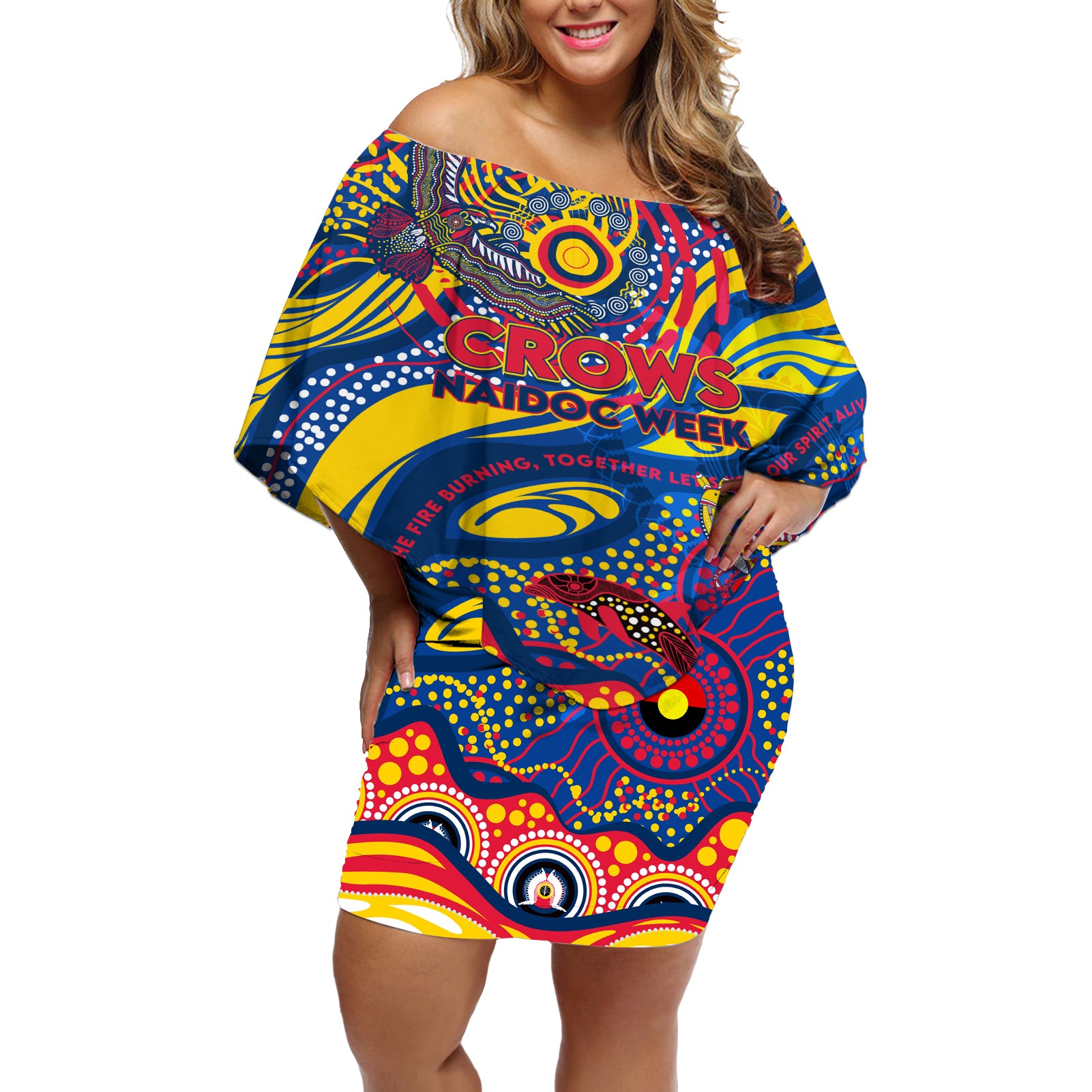 Custom NAIDOC Week 2024 Crows Off Shoulder Short Dress Aboriginal Animals Keep The Fire Burning
