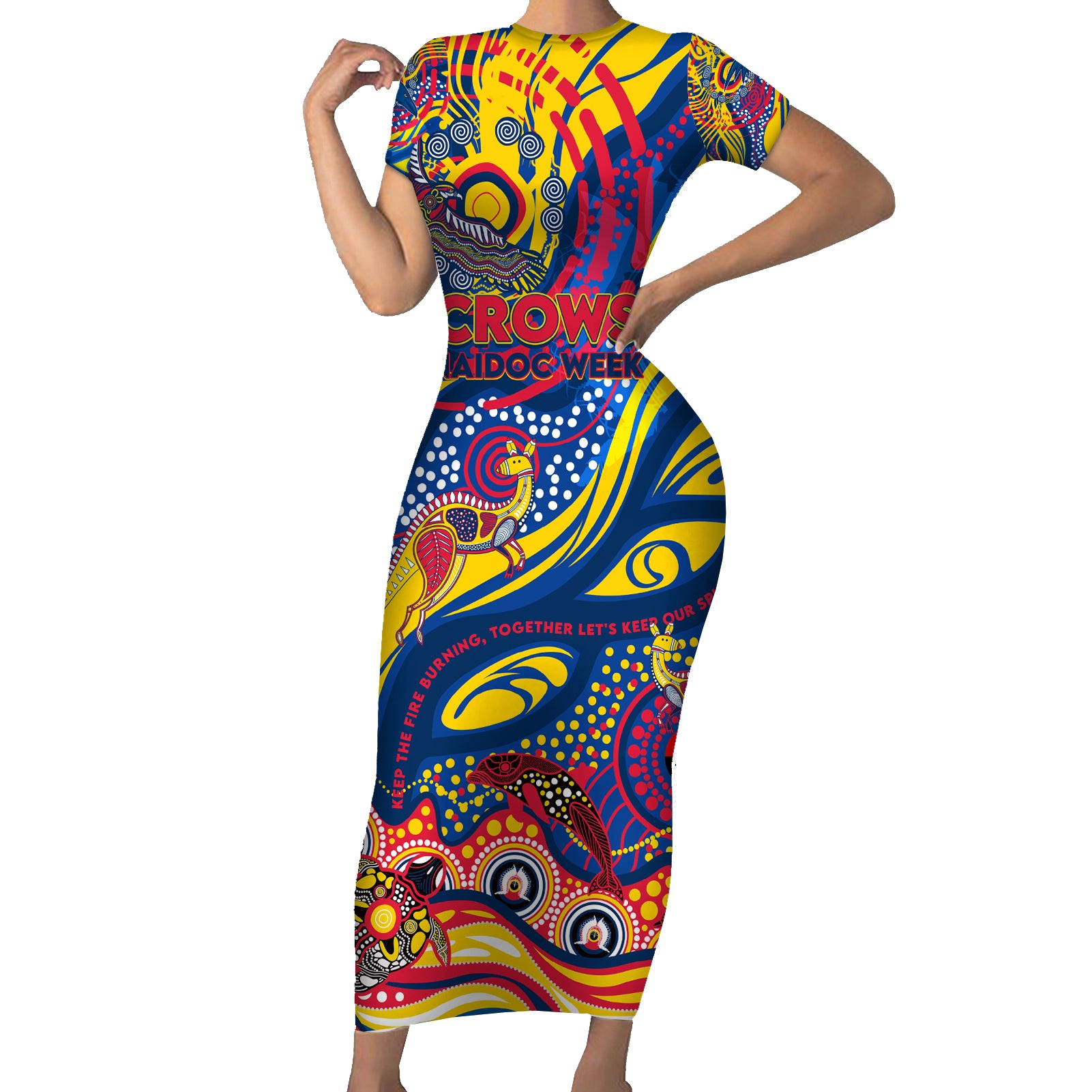 Custom NAIDOC Week 2024 Crows Short Sleeve Bodycon Dress Aboriginal Animals Keep The Fire Burning