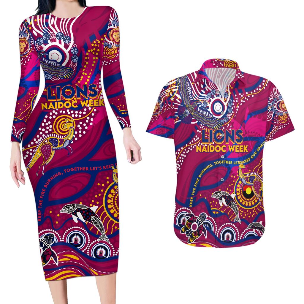 Custom NAIDOC Week 2024 Lions Couples Matching Long Sleeve Bodycon Dress and Hawaiian Shirt Aboriginal Animals Keep The Fire Burning
