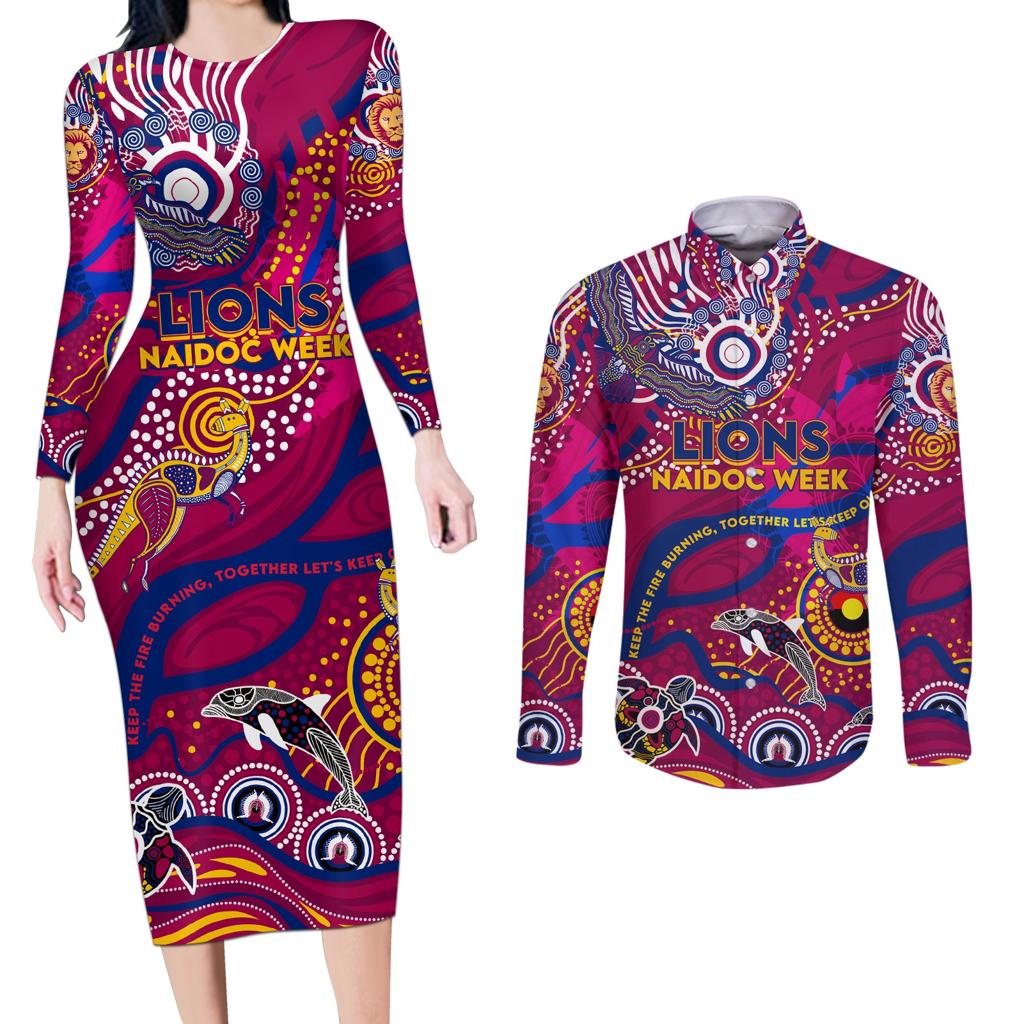 Custom NAIDOC Week 2024 Lions Couples Matching Long Sleeve Bodycon Dress and Long Sleeve Button Shirt Aboriginal Animals Keep The Fire Burning