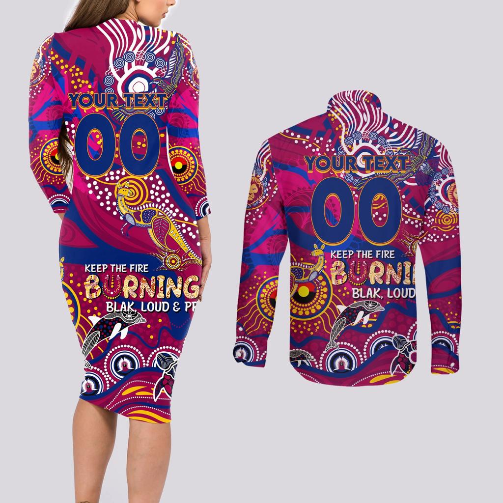 Custom NAIDOC Week 2024 Lions Couples Matching Long Sleeve Bodycon Dress and Long Sleeve Button Shirt Aboriginal Animals Keep The Fire Burning