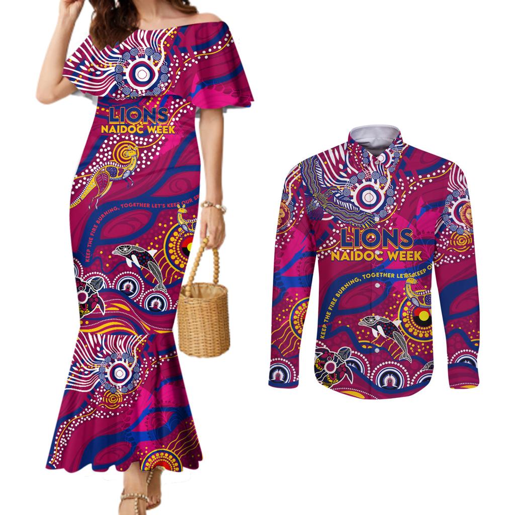 Custom NAIDOC Week 2024 Lions Couples Matching Mermaid Dress and Long Sleeve Button Shirt Aboriginal Animals Keep The Fire Burning