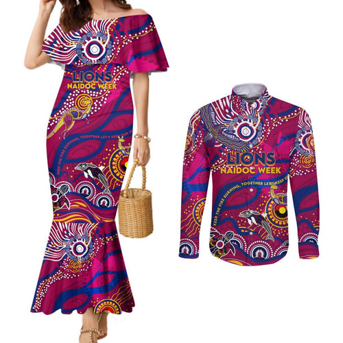 Custom NAIDOC Week 2024 Lions Couples Matching Mermaid Dress and Long Sleeve Button Shirt Aboriginal Animals Keep The Fire Burning