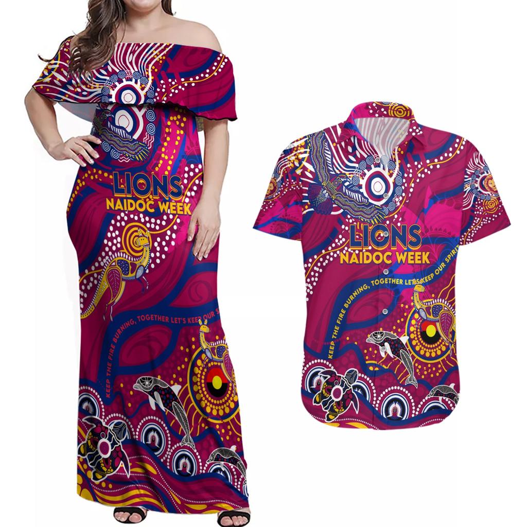 Custom NAIDOC Week 2024 Lions Couples Matching Off Shoulder Maxi Dress and Hawaiian Shirt Aboriginal Animals Keep The Fire Burning