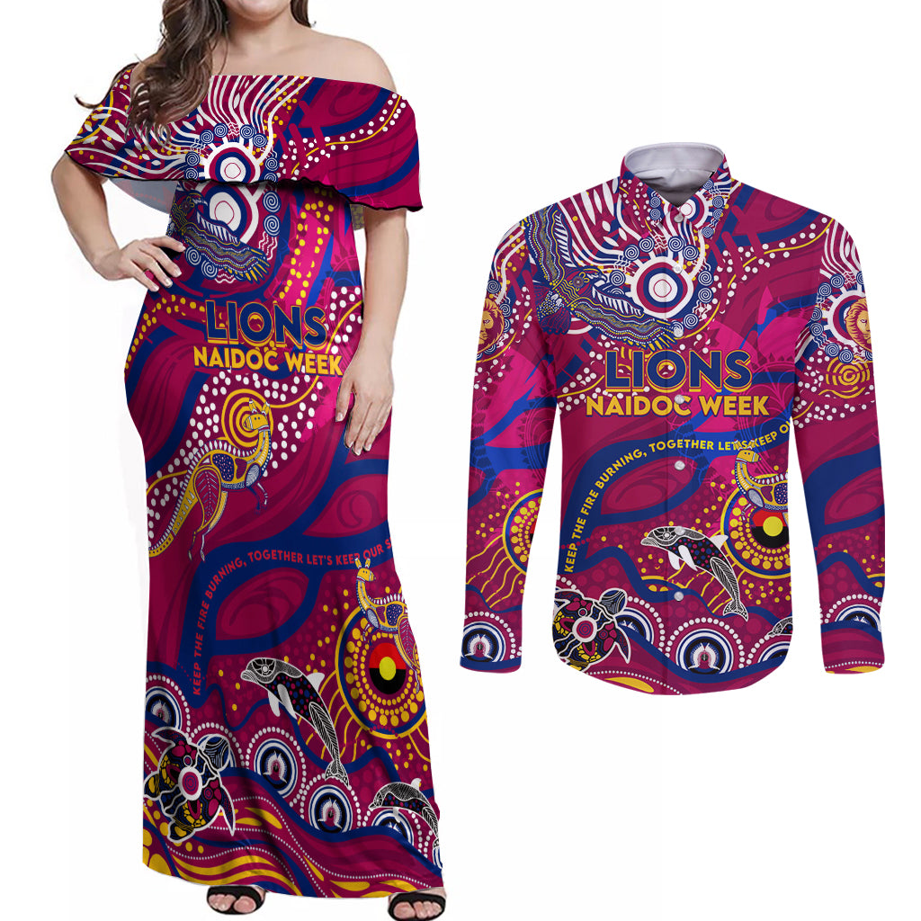 Custom NAIDOC Week 2024 Lions Couples Matching Off Shoulder Maxi Dress and Long Sleeve Button Shirt Aboriginal Animals Keep The Fire Burning