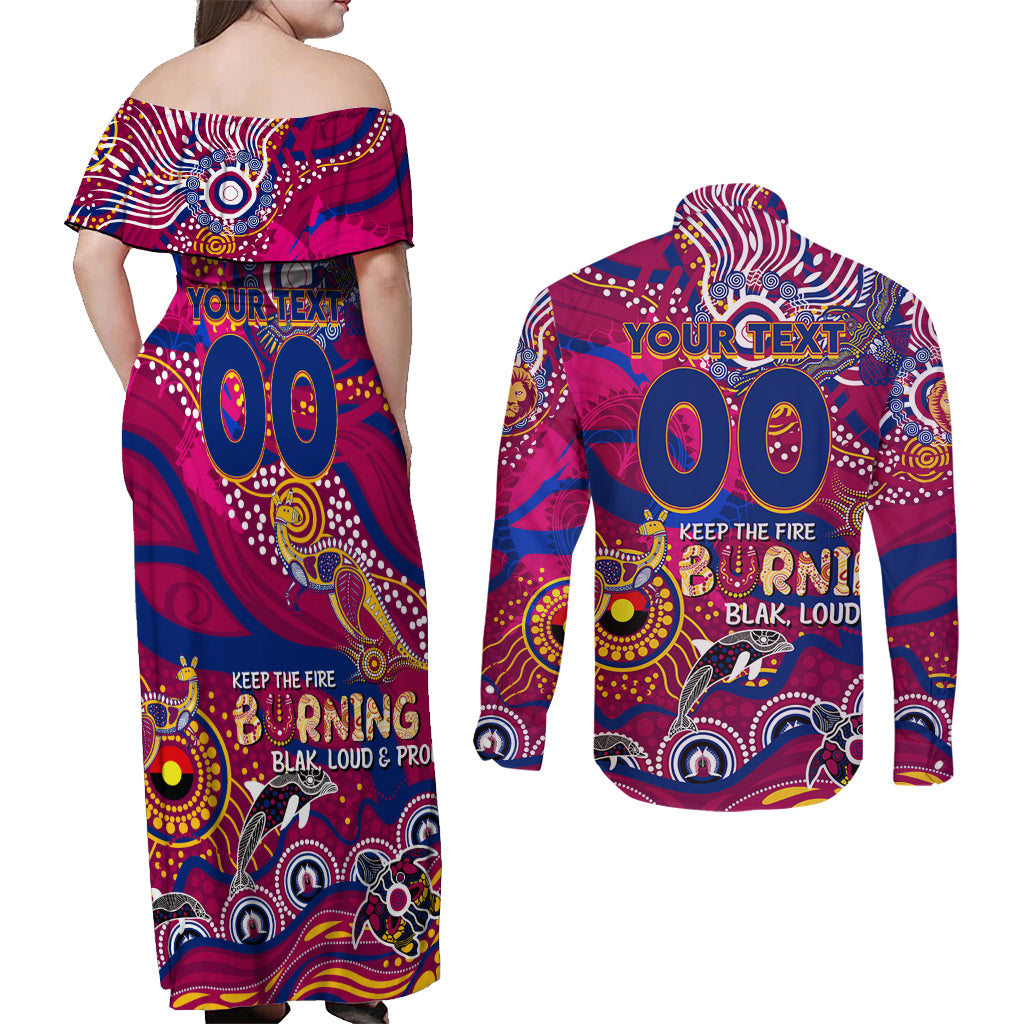 Custom NAIDOC Week 2024 Lions Couples Matching Off Shoulder Maxi Dress and Long Sleeve Button Shirt Aboriginal Animals Keep The Fire Burning