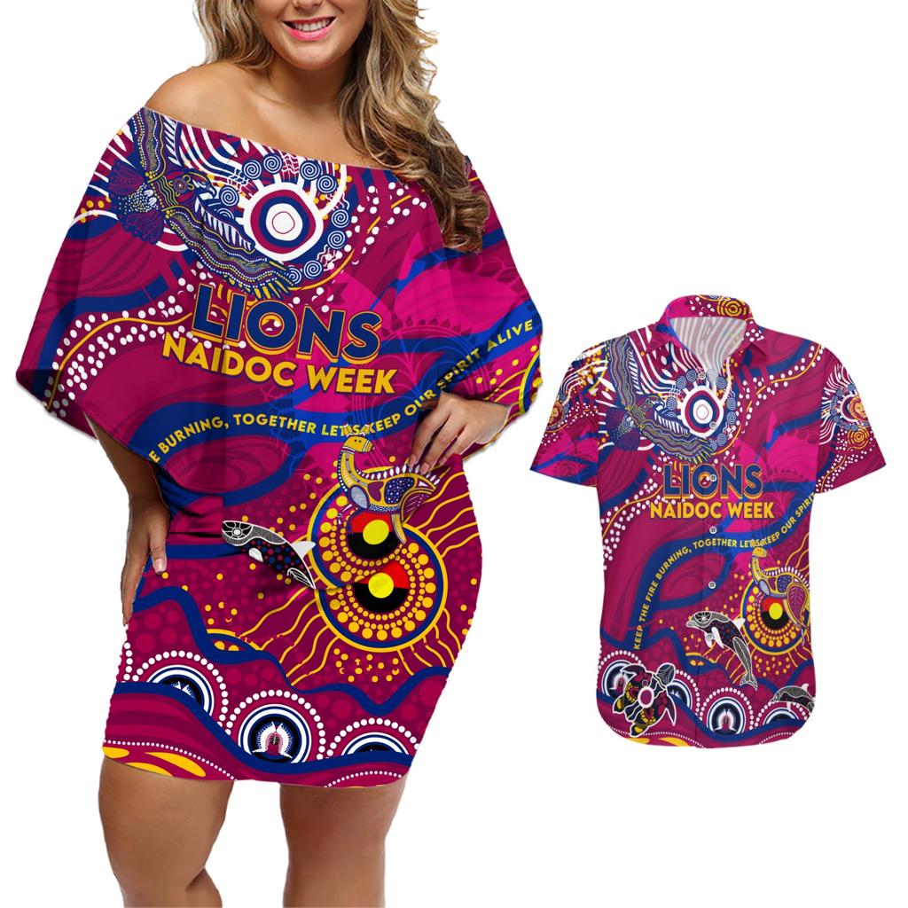 Custom NAIDOC Week 2024 Lions Couples Matching Off Shoulder Short Dress and Hawaiian Shirt Aboriginal Animals Keep The Fire Burning