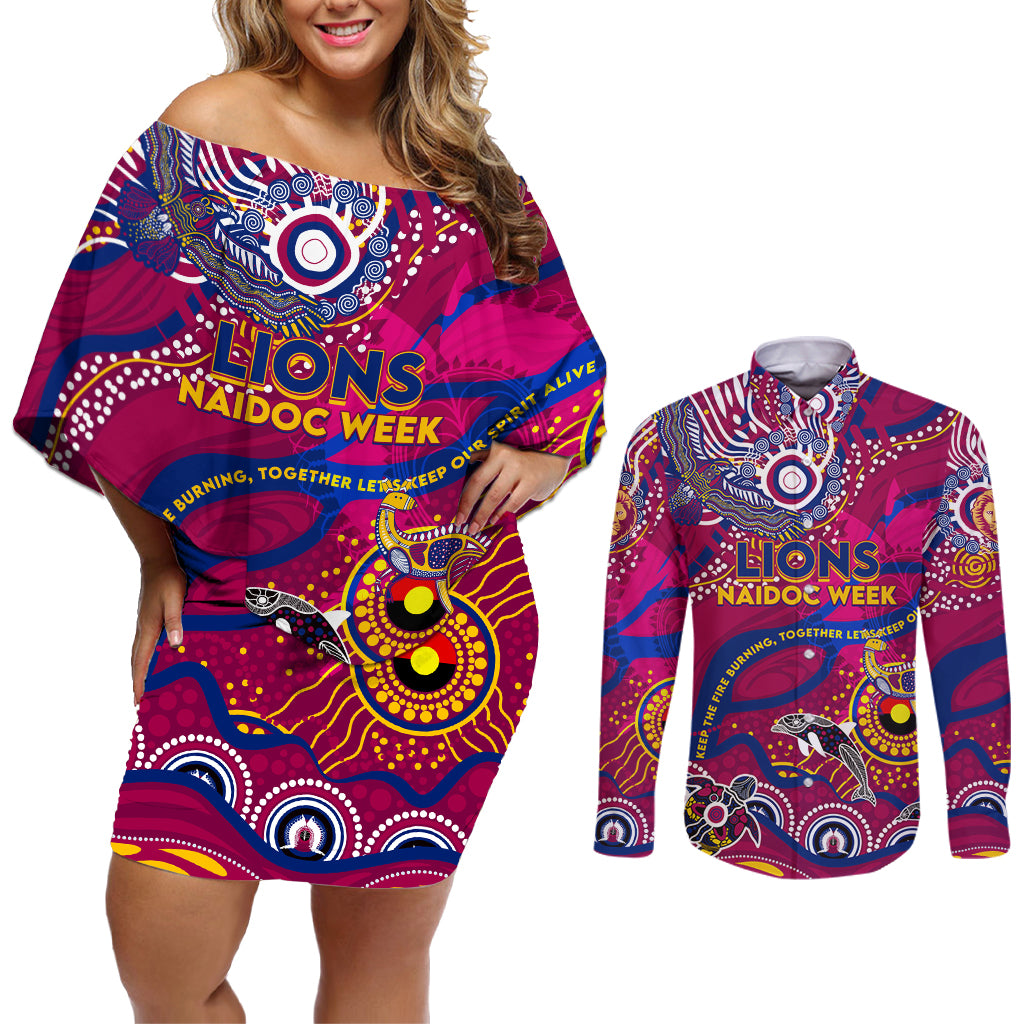 Custom NAIDOC Week 2024 Lions Couples Matching Off Shoulder Short Dress and Long Sleeve Button Shirt Aboriginal Animals Keep The Fire Burning