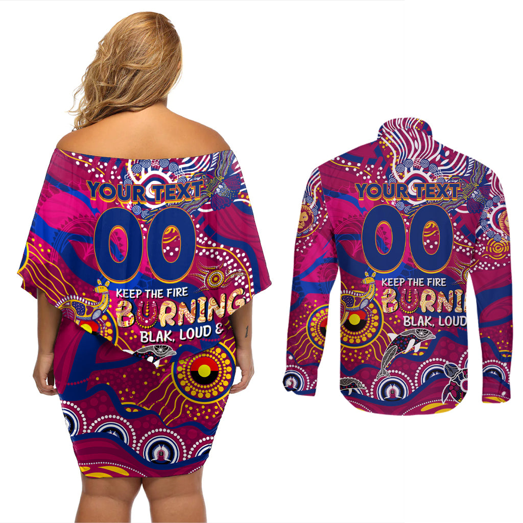 Custom NAIDOC Week 2024 Lions Couples Matching Off Shoulder Short Dress and Long Sleeve Button Shirt Aboriginal Animals Keep The Fire Burning