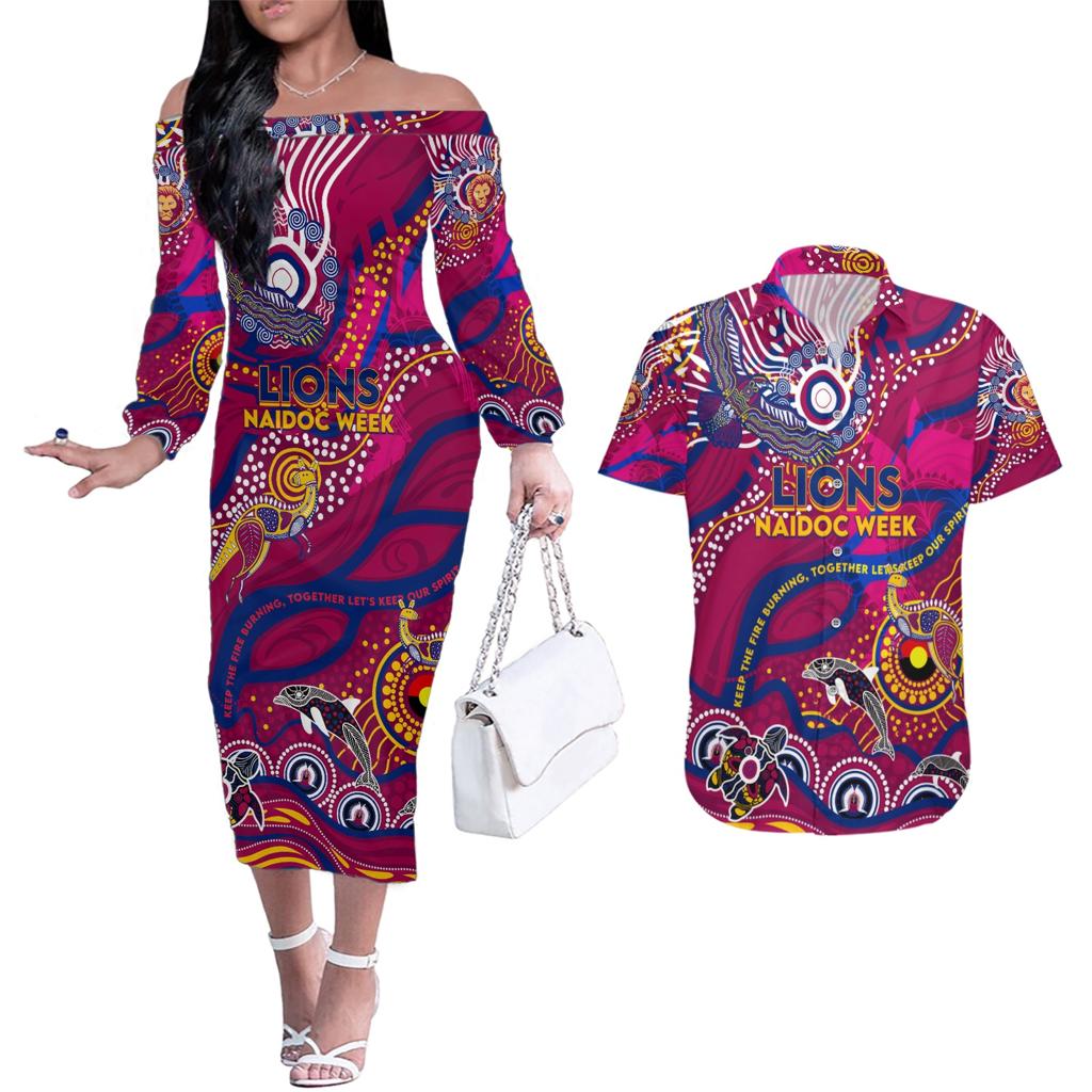 Custom NAIDOC Week 2024 Lions Couples Matching Off The Shoulder Long Sleeve Dress and Hawaiian Shirt Aboriginal Animals Keep The Fire Burning