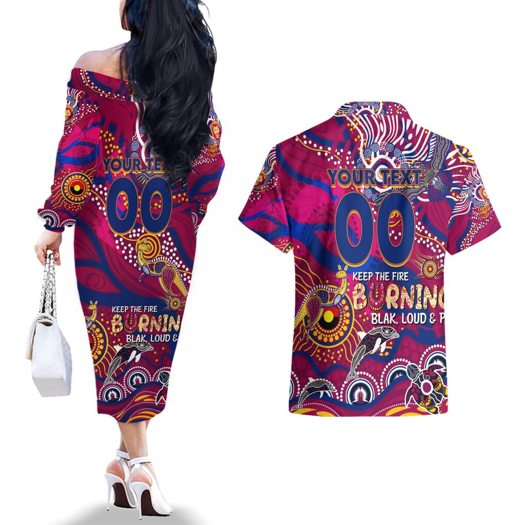 Custom NAIDOC Week 2024 Lions Couples Matching Off The Shoulder Long Sleeve Dress and Hawaiian Shirt Aboriginal Animals Keep The Fire Burning