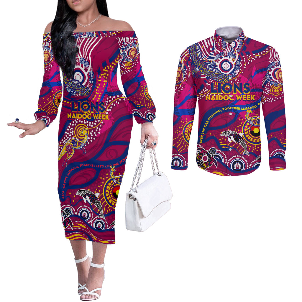 Custom NAIDOC Week 2024 Lions Couples Matching Off The Shoulder Long Sleeve Dress and Long Sleeve Button Shirt Aboriginal Animals Keep The Fire Burning