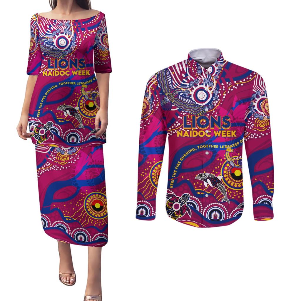 Custom NAIDOC Week 2024 Lions Couples Matching Puletasi and Long Sleeve Button Shirt Aboriginal Animals Keep The Fire Burning