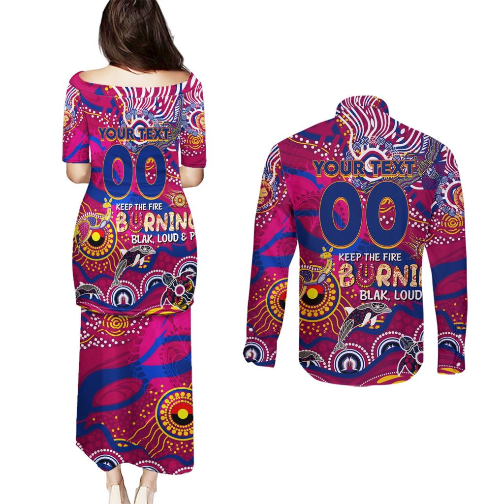 Custom NAIDOC Week 2024 Lions Couples Matching Puletasi and Long Sleeve Button Shirt Aboriginal Animals Keep The Fire Burning