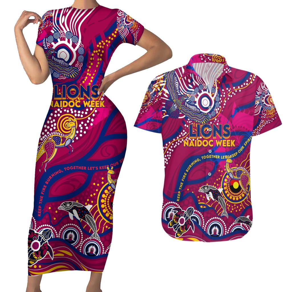 Custom NAIDOC Week 2024 Lions Couples Matching Short Sleeve Bodycon Dress and Hawaiian Shirt Aboriginal Animals Keep The Fire Burning