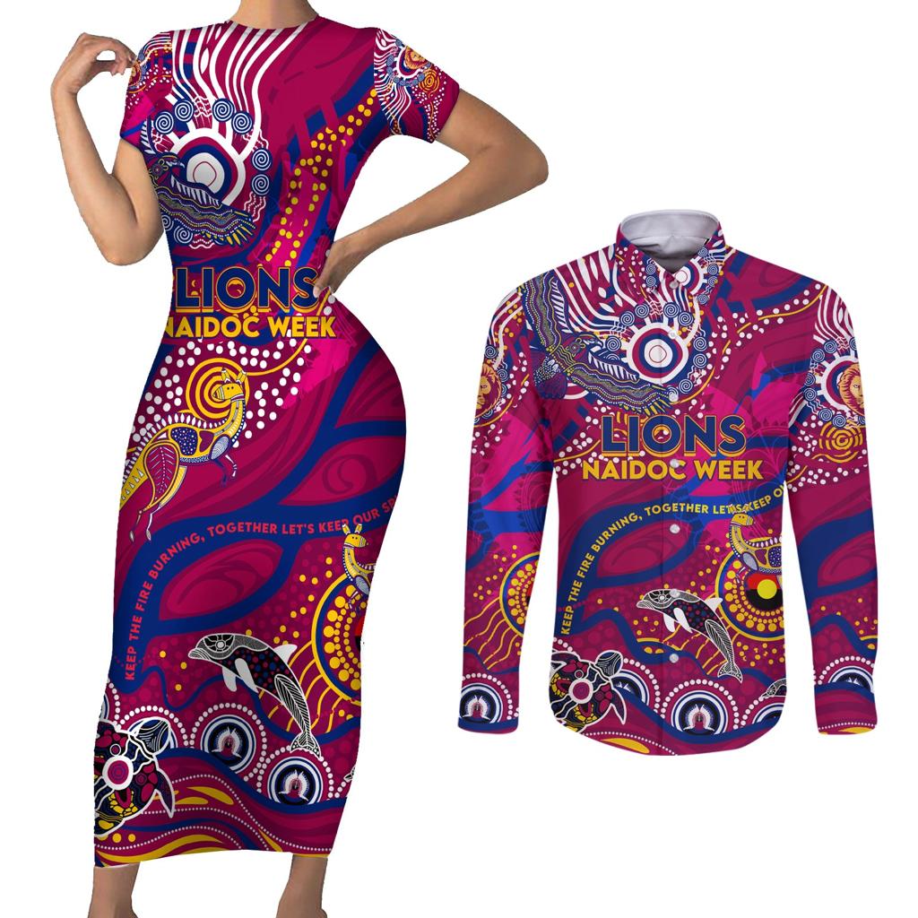 Custom NAIDOC Week 2024 Lions Couples Matching Short Sleeve Bodycon Dress and Long Sleeve Button Shirt Aboriginal Animals Keep The Fire Burning