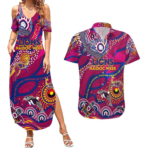 Custom NAIDOC Week 2024 Lions Couples Matching Summer Maxi Dress and Hawaiian Shirt Aboriginal Animals Keep The Fire Burning