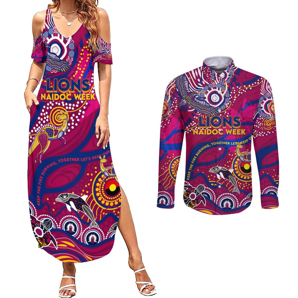 Custom NAIDOC Week 2024 Lions Couples Matching Summer Maxi Dress and Long Sleeve Button Shirt Aboriginal Animals Keep The Fire Burning