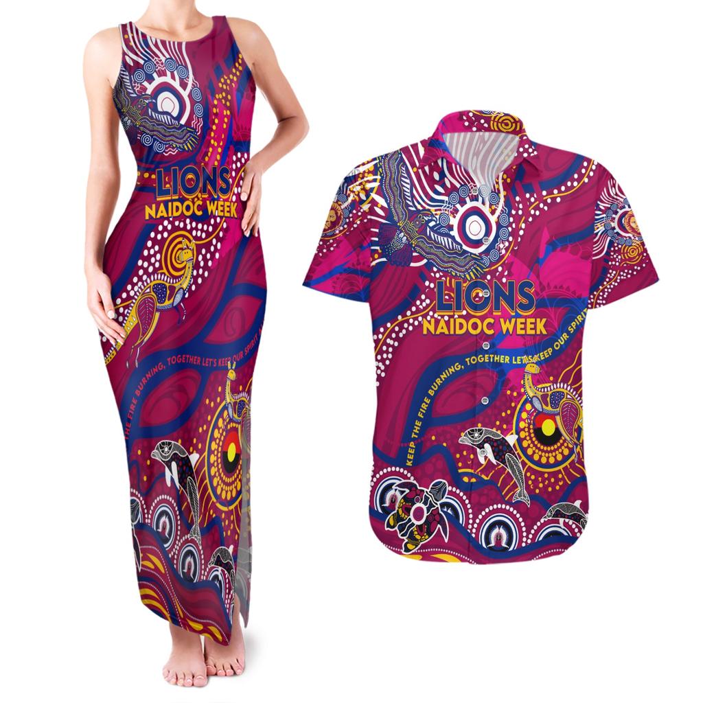 Custom NAIDOC Week 2024 Lions Couples Matching Tank Maxi Dress and Hawaiian Shirt Aboriginal Animals Keep The Fire Burning
