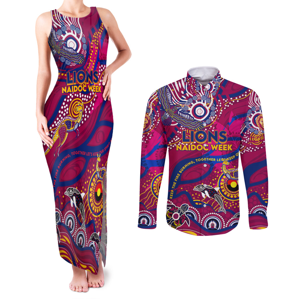 Custom NAIDOC Week 2024 Lions Couples Matching Tank Maxi Dress and Long Sleeve Button Shirt Aboriginal Animals Keep The Fire Burning