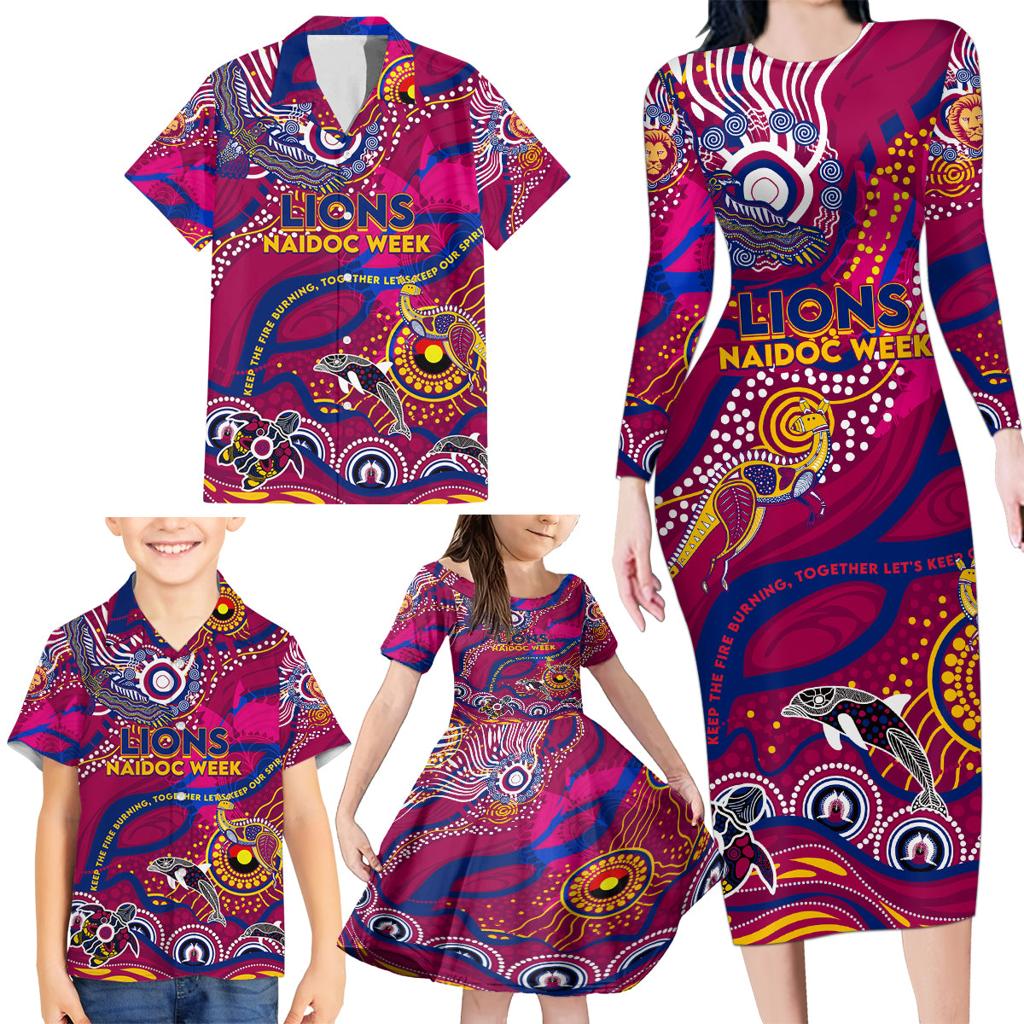 Custom NAIDOC Week 2024 Lions Family Matching Long Sleeve Bodycon Dress and Hawaiian Shirt Aboriginal Animals Keep The Fire Burning