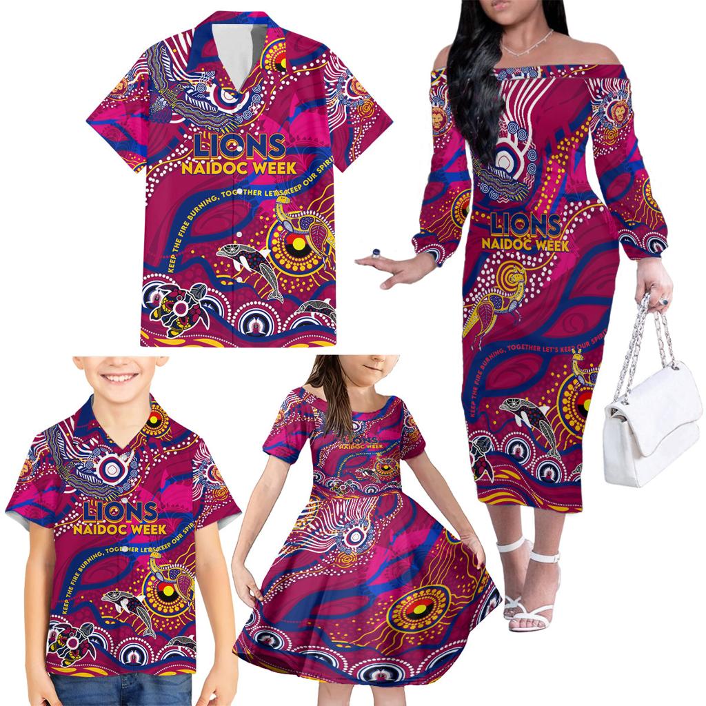 Custom NAIDOC Week 2024 Lions Family Matching Off The Shoulder Long Sleeve Dress and Hawaiian Shirt Aboriginal Animals Keep The Fire Burning