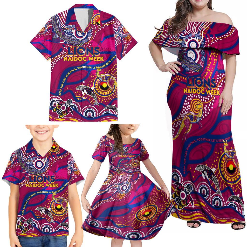 Custom NAIDOC Week 2024 Lions Family Matching Off Shoulder Maxi Dress and Hawaiian Shirt Aboriginal Animals Keep The Fire Burning