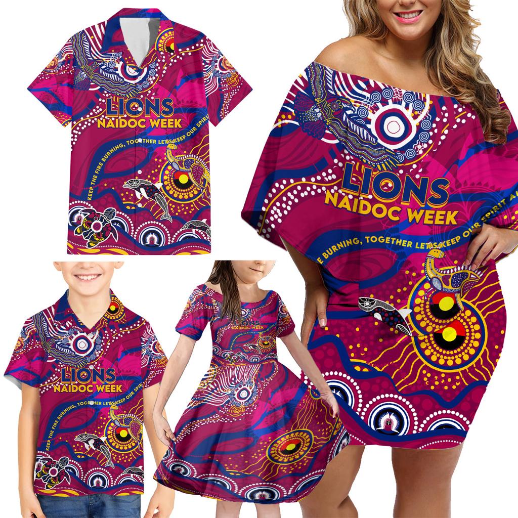 Custom NAIDOC Week 2024 Lions Family Matching Off Shoulder Short Dress and Hawaiian Shirt Aboriginal Animals Keep The Fire Burning