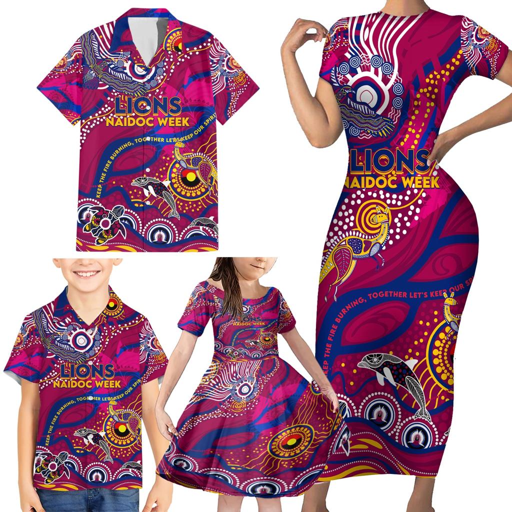 Custom NAIDOC Week 2024 Lions Family Matching Short Sleeve Bodycon Dress and Hawaiian Shirt Aboriginal Animals Keep The Fire Burning