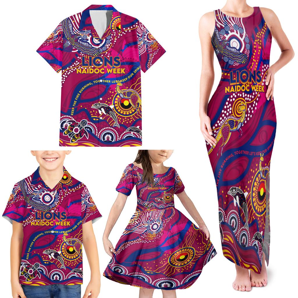 Custom NAIDOC Week 2024 Lions Family Matching Tank Maxi Dress and Hawaiian Shirt Aboriginal Animals Keep The Fire Burning