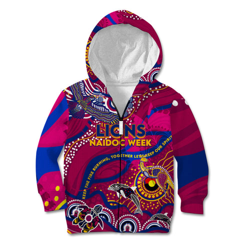 Custom NAIDOC Week 2024 Lions Kid Hoodie Aboriginal Animals Keep The Fire Burning