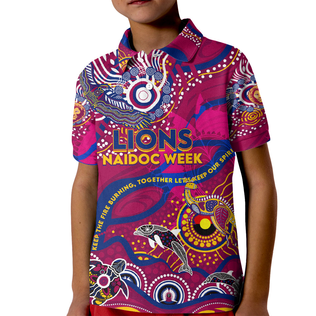 Custom NAIDOC Week 2024 Lions Kid Polo Shirt Aboriginal Animals Keep The Fire Burning