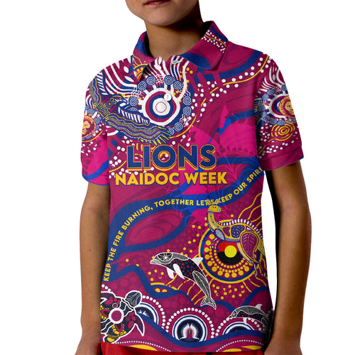 Custom NAIDOC Week 2024 Lions Kid Polo Shirt Aboriginal Animals Keep The Fire Burning