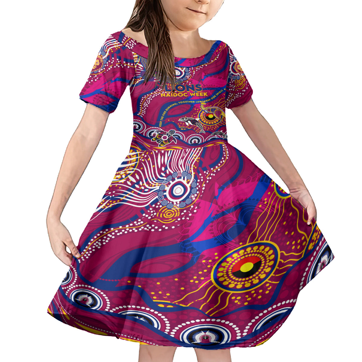 Custom NAIDOC Week 2024 Lions Kid Short Sleeve Dress Aboriginal Animals Keep The Fire Burning