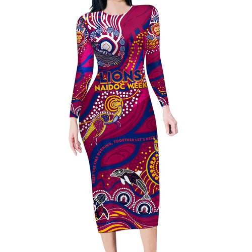 Custom NAIDOC Week 2024 Lions Long Sleeve Bodycon Dress Aboriginal Animals Keep The Fire Burning