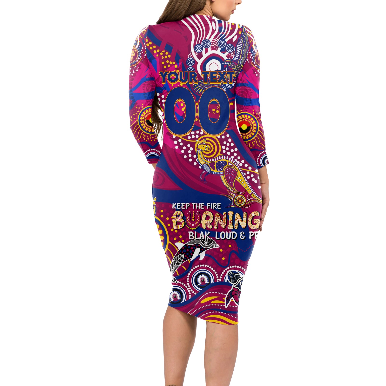 Custom NAIDOC Week 2024 Lions Long Sleeve Bodycon Dress Aboriginal Animals Keep The Fire Burning
