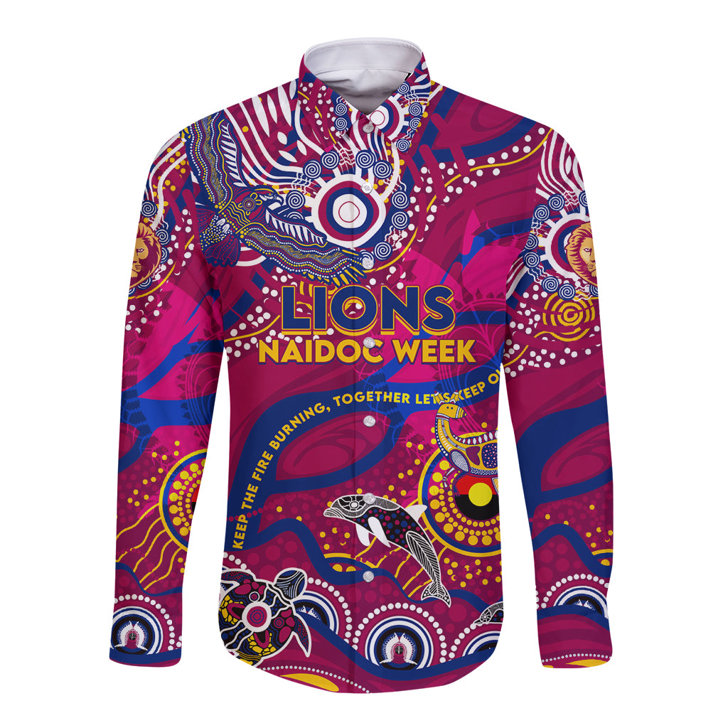 Custom NAIDOC Week 2024 Lions Long Sleeve Button Shirt Aboriginal Animals Keep The Fire Burning