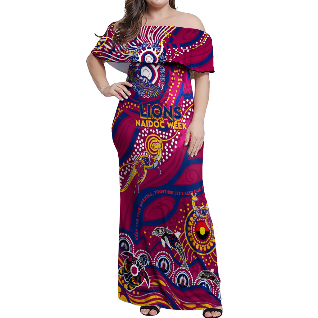 Custom NAIDOC Week 2024 Lions Off Shoulder Maxi Dress Aboriginal Animals Keep The Fire Burning