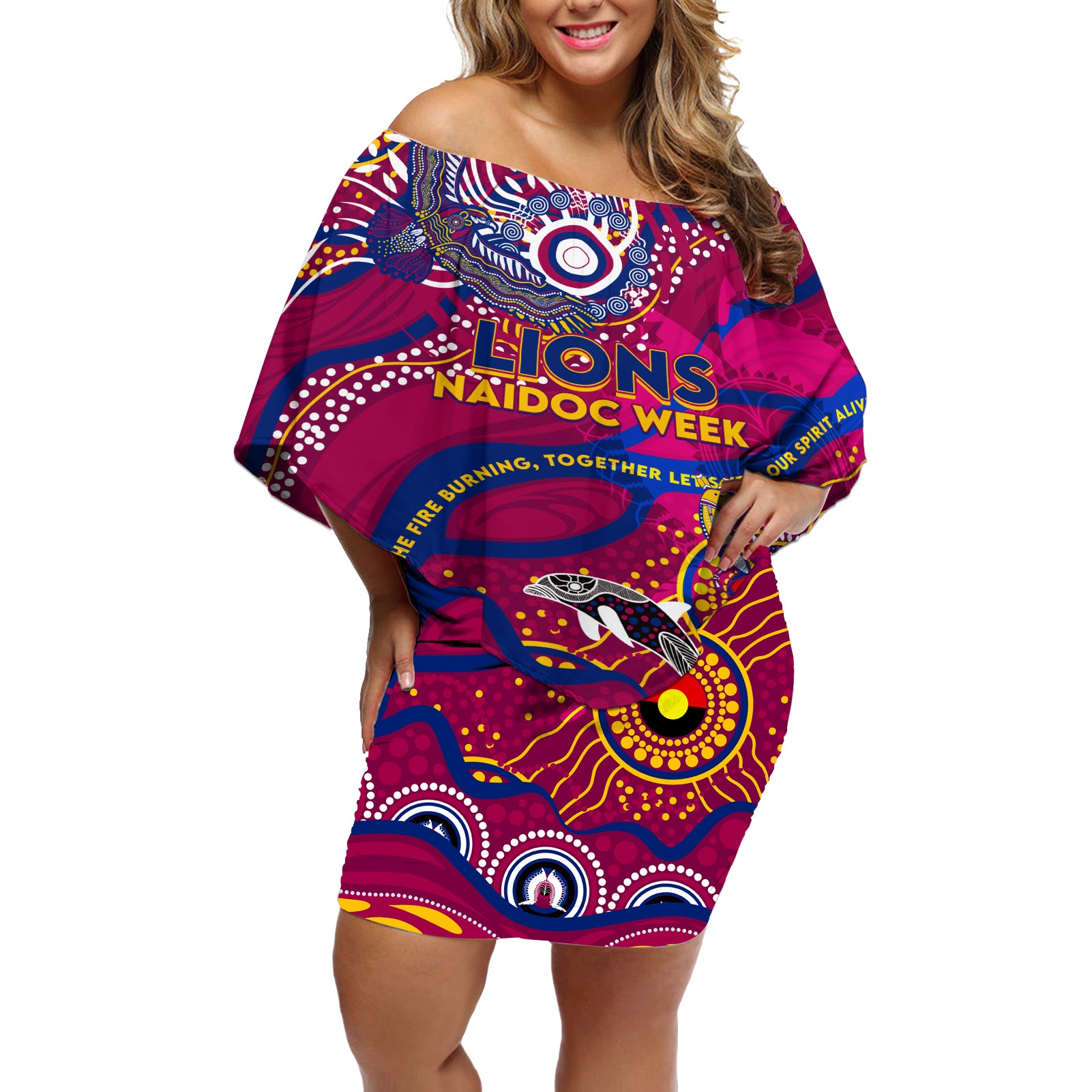 Custom NAIDOC Week 2024 Lions Off Shoulder Short Dress Aboriginal Animals Keep The Fire Burning