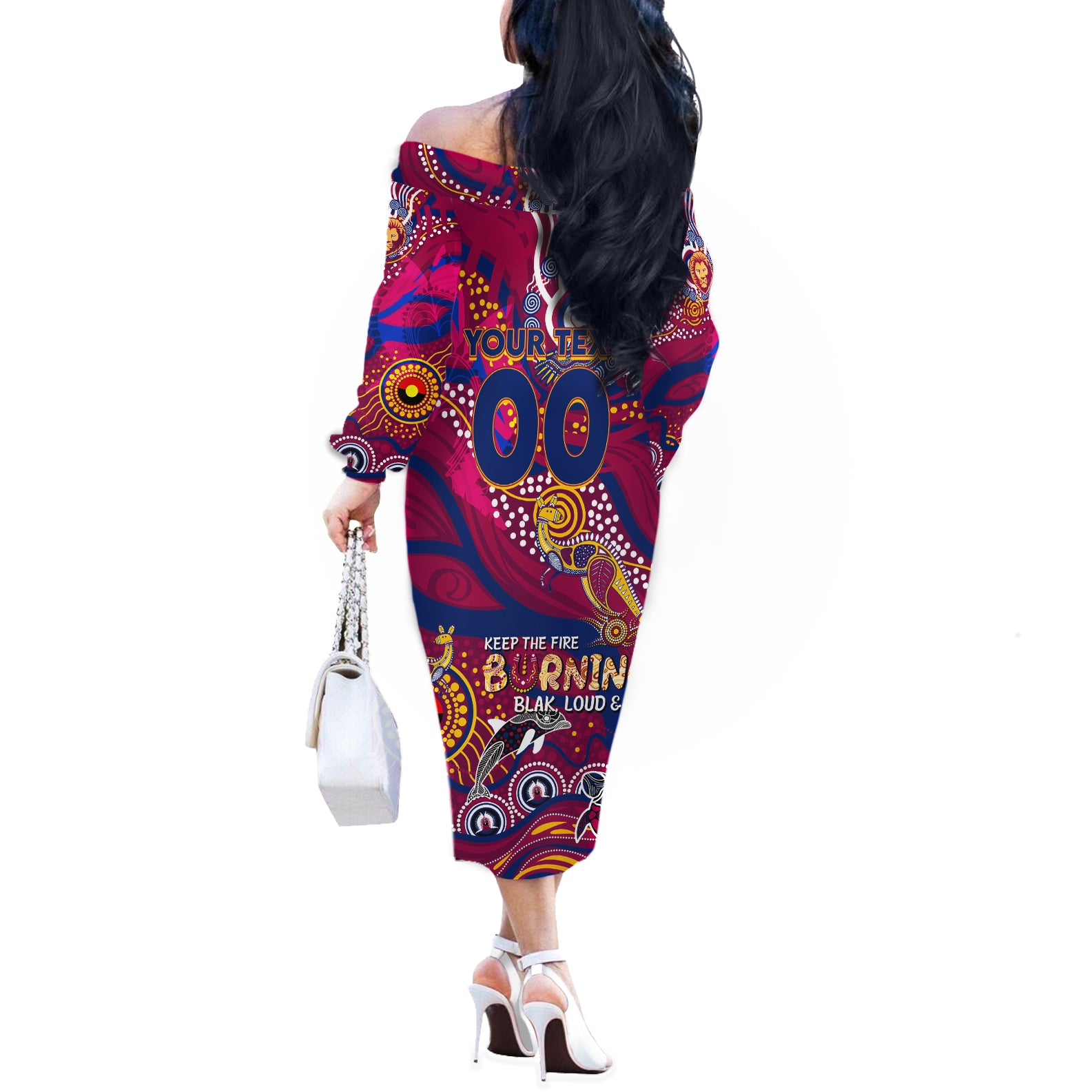 Custom NAIDOC Week 2024 Lions Off The Shoulder Long Sleeve Dress Aboriginal Animals Keep The Fire Burning