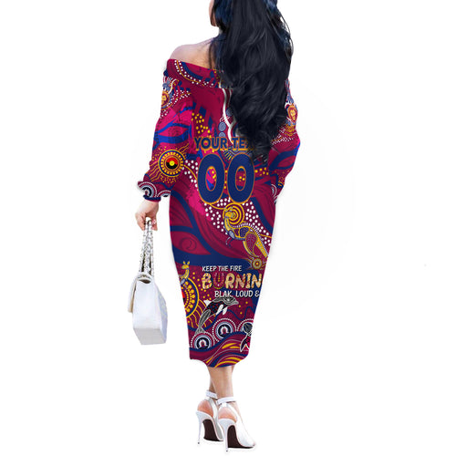 Custom NAIDOC Week 2024 Lions Off The Shoulder Long Sleeve Dress Aboriginal Animals Keep The Fire Burning