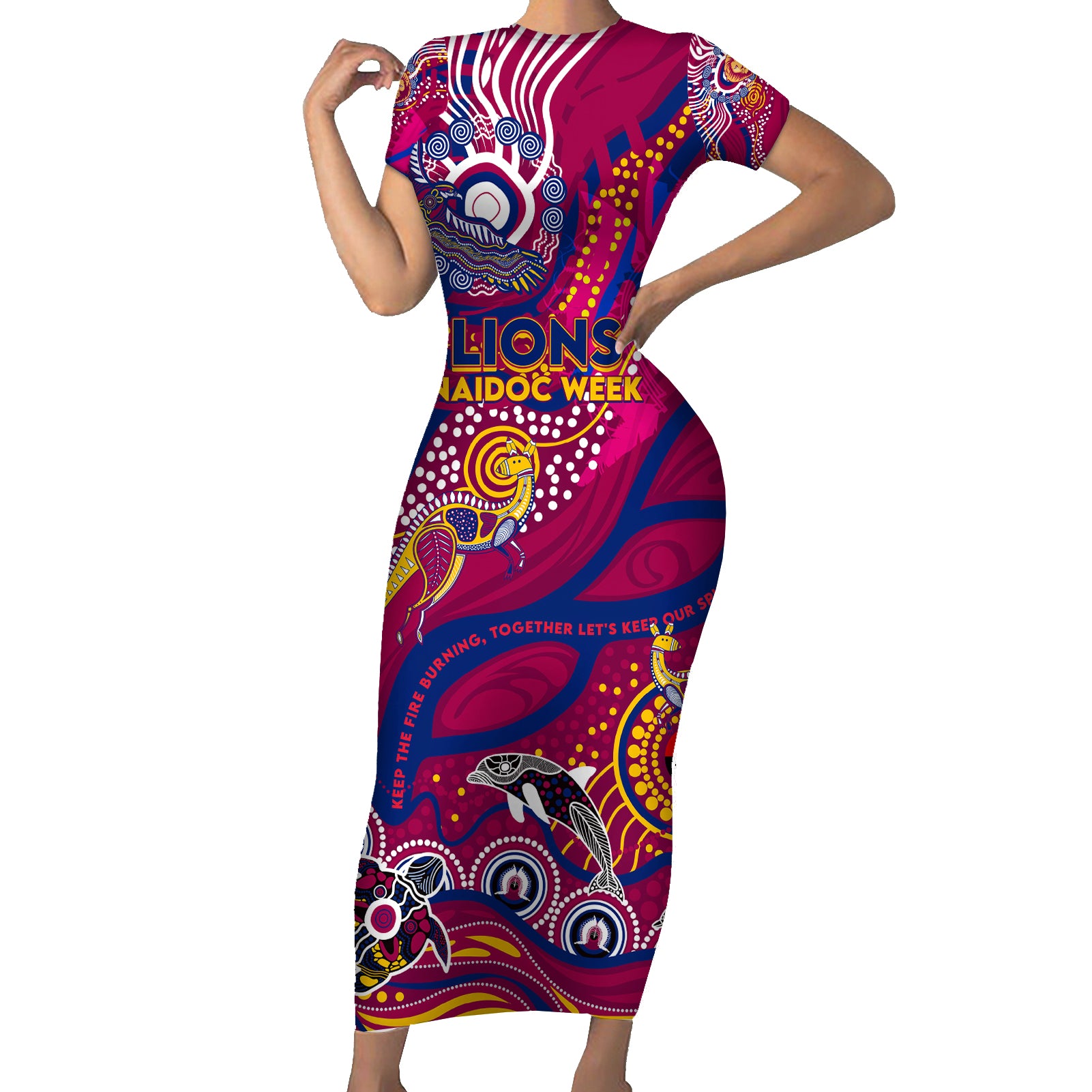 Custom NAIDOC Week 2024 Lions Short Sleeve Bodycon Dress Aboriginal Animals Keep The Fire Burning