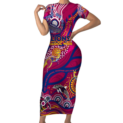 Custom NAIDOC Week 2024 Lions Short Sleeve Bodycon Dress Aboriginal Animals Keep The Fire Burning