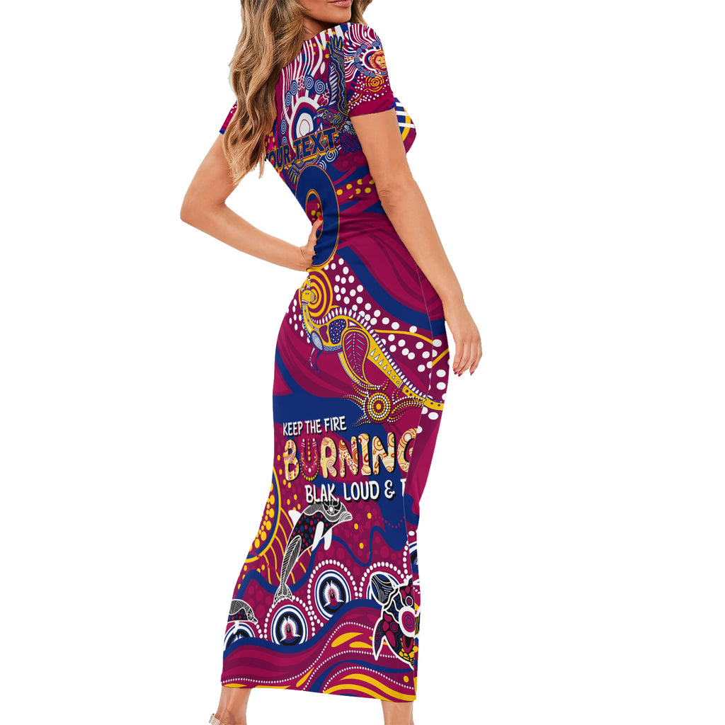 Custom NAIDOC Week 2024 Lions Short Sleeve Bodycon Dress Aboriginal Animals Keep The Fire Burning