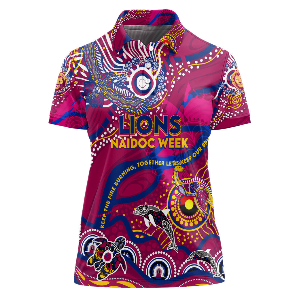 Custom NAIDOC Week 2024 Lions Women Polo Shirt Aboriginal Animals Keep The Fire Burning