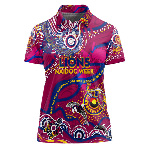 Custom NAIDOC Week 2024 Lions Women Polo Shirt Aboriginal Animals Keep The Fire Burning